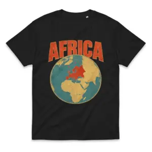 Flatlay black t-shirt featuring black tee front print reading AFRICA above a vintage globe highlighting Europe in red