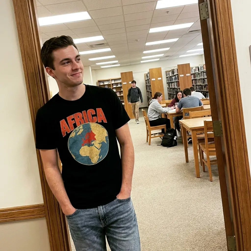 Everyday streetwear outfit styling black shirt with black tee front print reading AFRICA above a vintage globe highlighting Europe in red