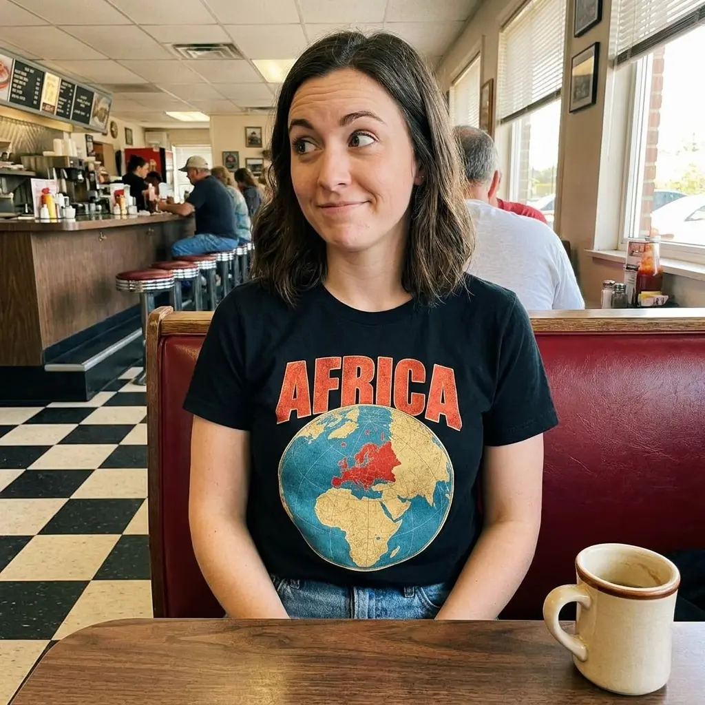 Close-up casual look showcasing black tee and black tee front print reading AFRICA above a vintage globe highlighting Europe in red