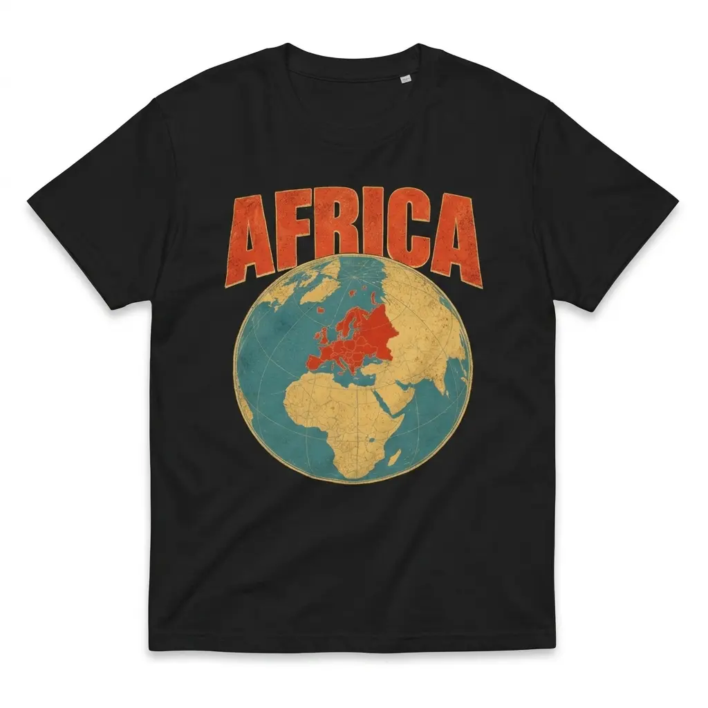 Flatlay black t-shirt featuring black tee front print reading AFRICA above a vintage globe highlighting Europe in red