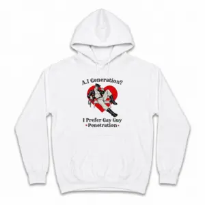 AI Generation I Prefer Gay Guy Penetration Funny Rainbow T-Shirt 7 Cozy pullover hoodie displaying white tee front print reading AI GENERATION I PREFER GAY GUY PENETRATION with a retro rainbow arch