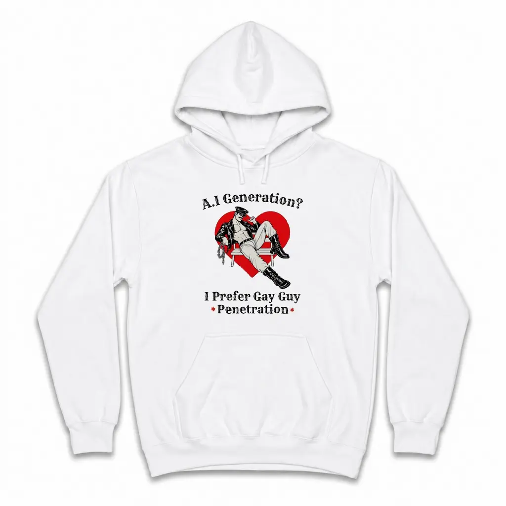 Cozy pullover hoodie displaying white tee front print reading AI GENERATION I PREFER GAY GUY PENETRATION with a retro rainbow arch