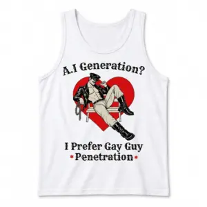 AI Generation I Prefer Gay Guy Penetration Funny Rainbow T-Shirt 8 Sleeveless casual tank top with white tee front print reading AI GENERATION I PREFER GAY GUY PENETRATION with a retro rainbow arch