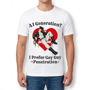 AI Generation I Prefer Gay Guy Penetration Funny Rainbow T-Shirt 9 Man wearing white graphic tee with white tee front print reading AI GENERATION I PREFER GAY GUY PENETRATION with a retro rainbow arch