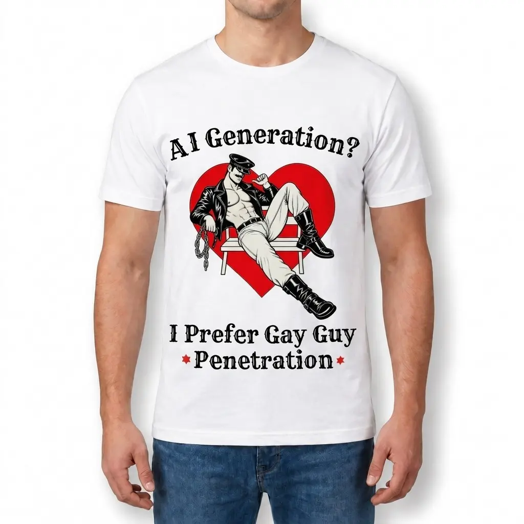 Man wearing white graphic tee with white tee front print reading AI GENERATION I PREFER GAY GUY PENETRATION with a retro rainbow arch