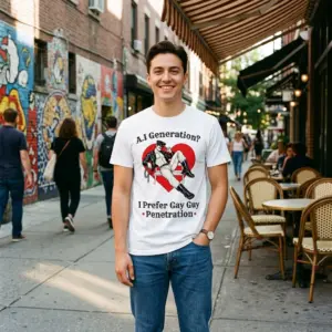 AI Generation I Prefer Gay Guy Penetration Funny Rainbow T-Shirt 10 Everyday streetwear outfit styling white shirt with white tee front print reading AI GENERATION I PREFER GAY GUY PENETRATION with a retro rainbow arch