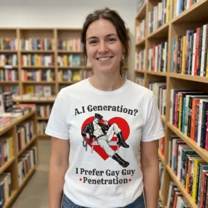 AI Generation I Prefer Gay Guy Penetration Funny Rainbow T-Shirt 11 Close-up casual look showcasing white tee and white tee front print reading AI GENERATION I PREFER GAY GUY PENETRATION with a retro rainbow arch