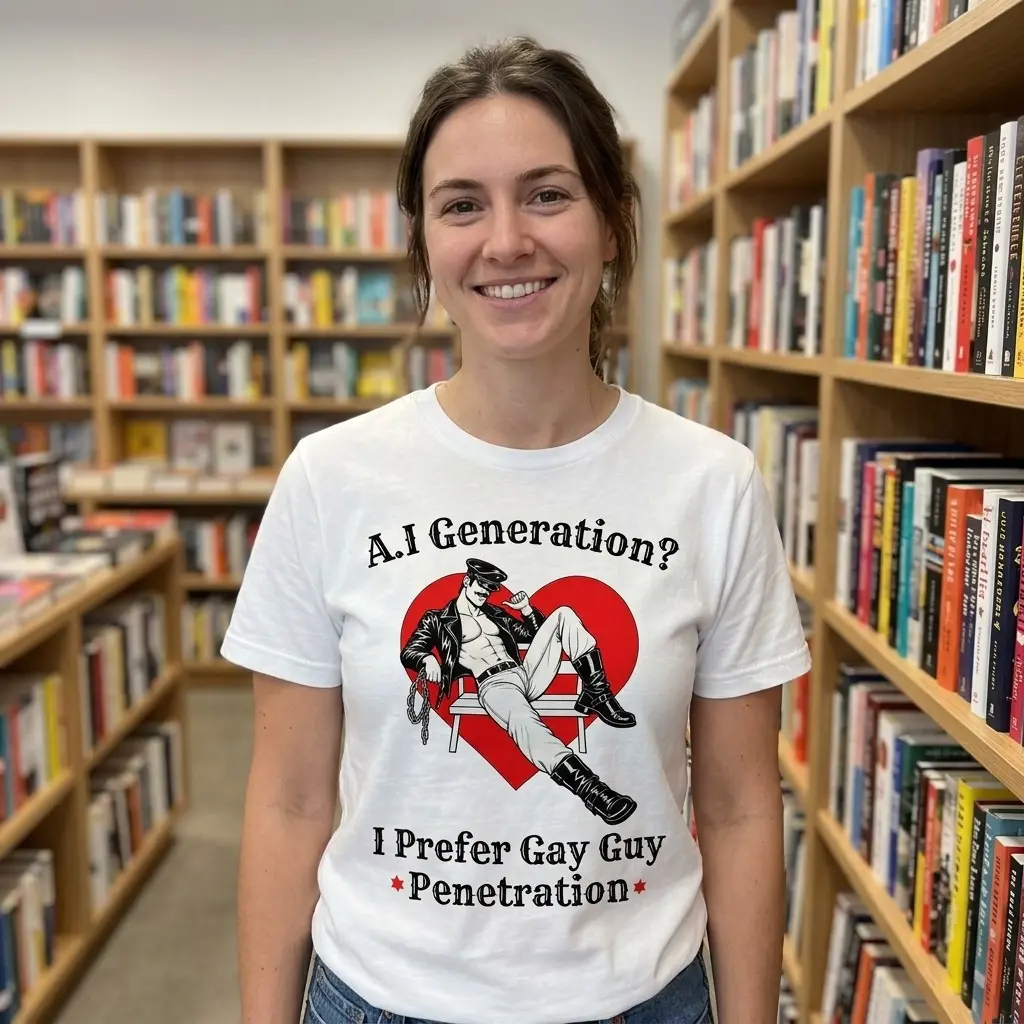 Close-up casual look showcasing white tee and white tee front print reading AI GENERATION I PREFER GAY GUY PENETRATION with a retro rainbow arch