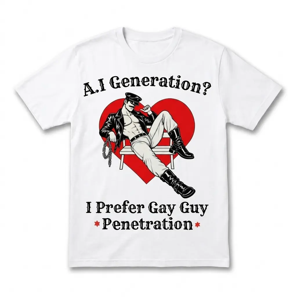 Flatlay white t-shirt featuring white tee front print reading AI GENERATION I PREFER GAY GUY PENETRATION with a retro rainbow arch