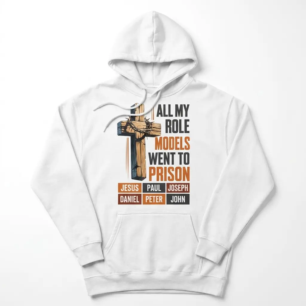 All My Role Models Went To Prison Christian T-Shirt 2 Front flat lay view of a hoodie with the All My Role Models Went To Prison graphic design.