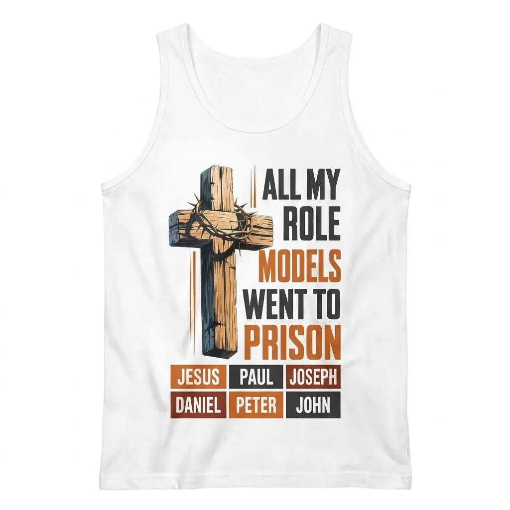 All My Role Models Went To Prison Christian T-Shirt 3 Flat lay view of a tank top printed with the All My Role Models Went To Prison Christian design.