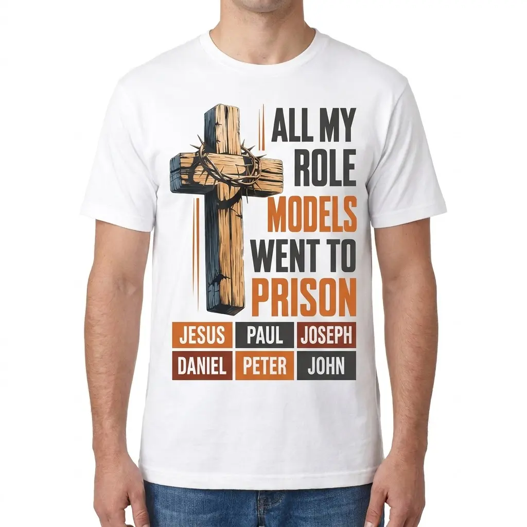 All My Role Models Went To Prison Christian T-Shirt 4 Front view of a man wearing the All My Role Models Went To Prison Christian t-shirt.