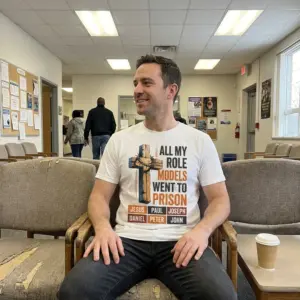 All My Role Models Went To Prison Christian T-Shirt 10 Lifestyle view showcasing the All My Role Models Went To Prison Christian shirt in everyday use.