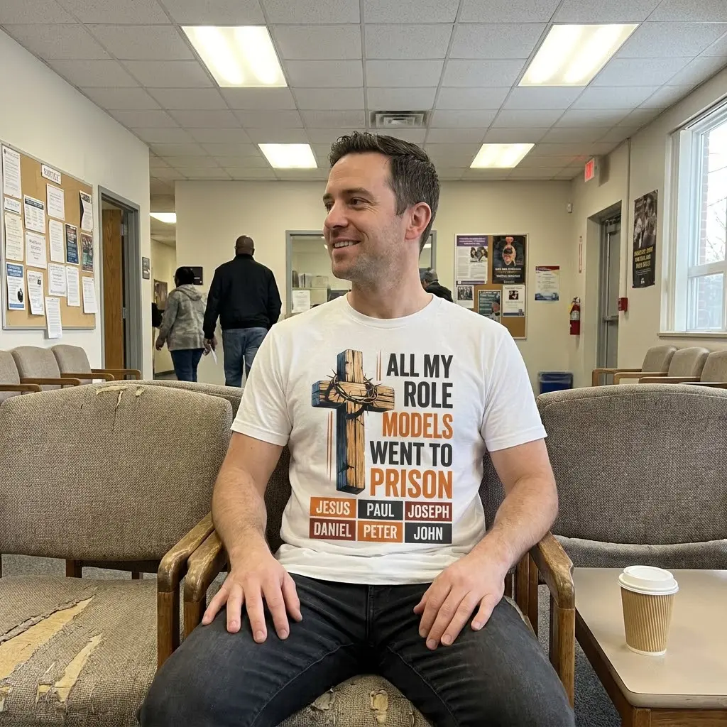 All My Role Models Went To Prison Christian T-Shirt 5 Lifestyle view showcasing the All My Role Models Went To Prison Christian shirt in everyday use.
