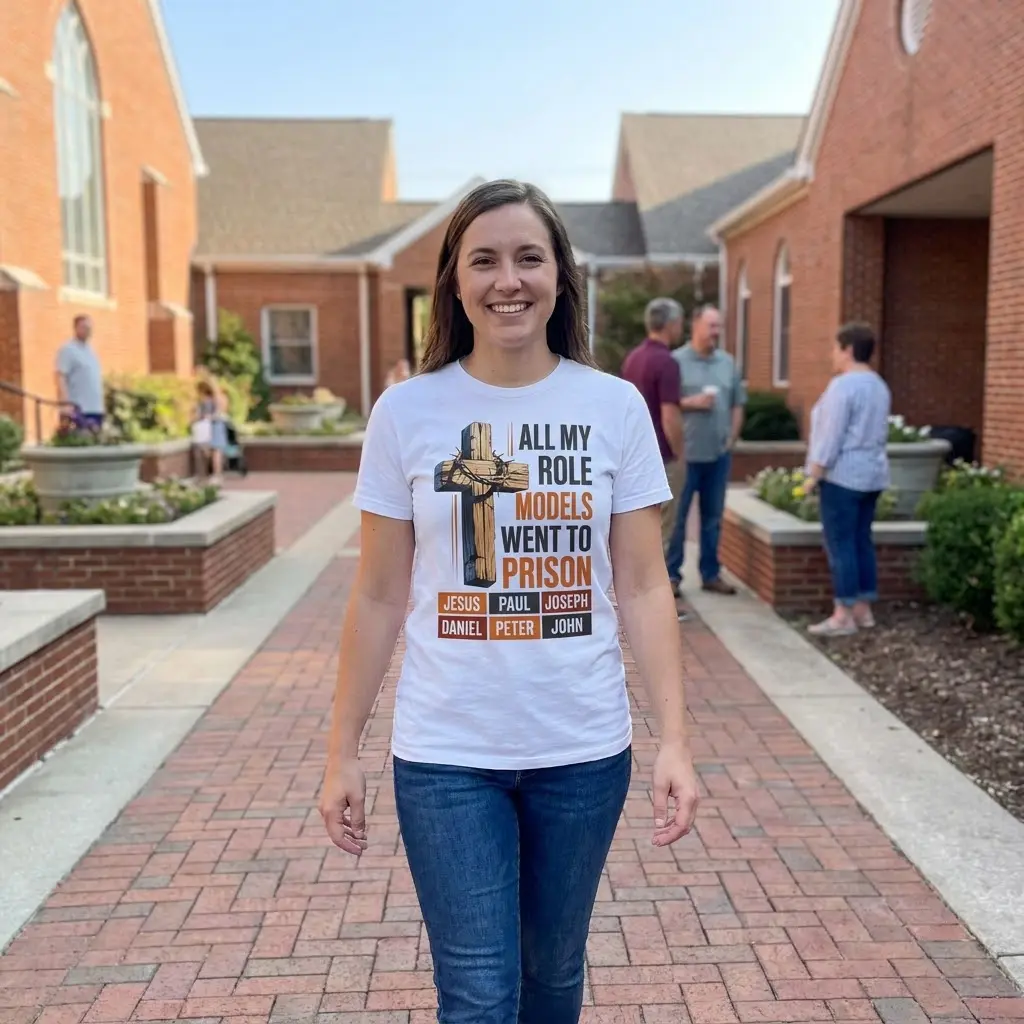 All My Role Models Went To Prison Christian T-Shirt 6 Lifestyle setting showing the Christian Role Models Prison graphic apparel in daily wear.