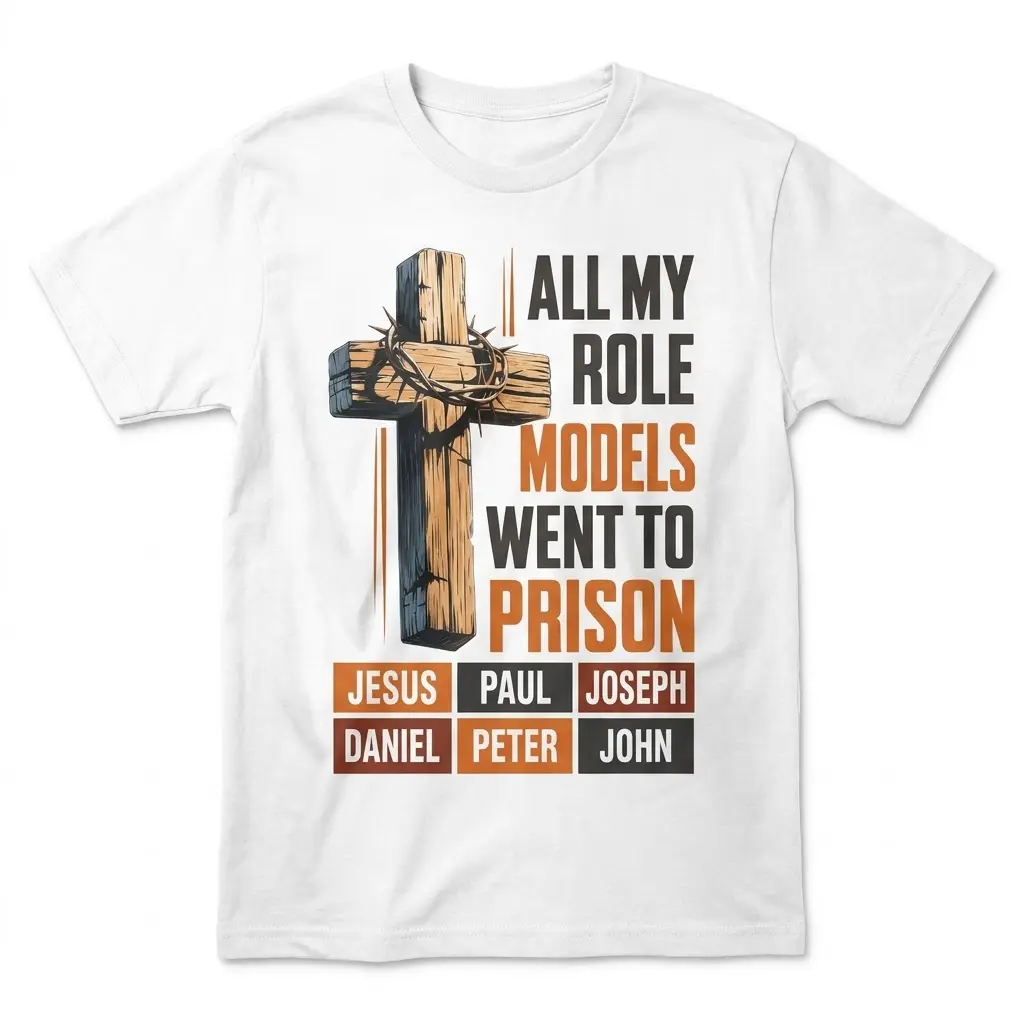 All My Role Models Went To Prison Christian T-Shirt 1 Flat lay of a white t-shirt featuring a wooden cross with crown of thorns and All My Role Models Went To Prison text.