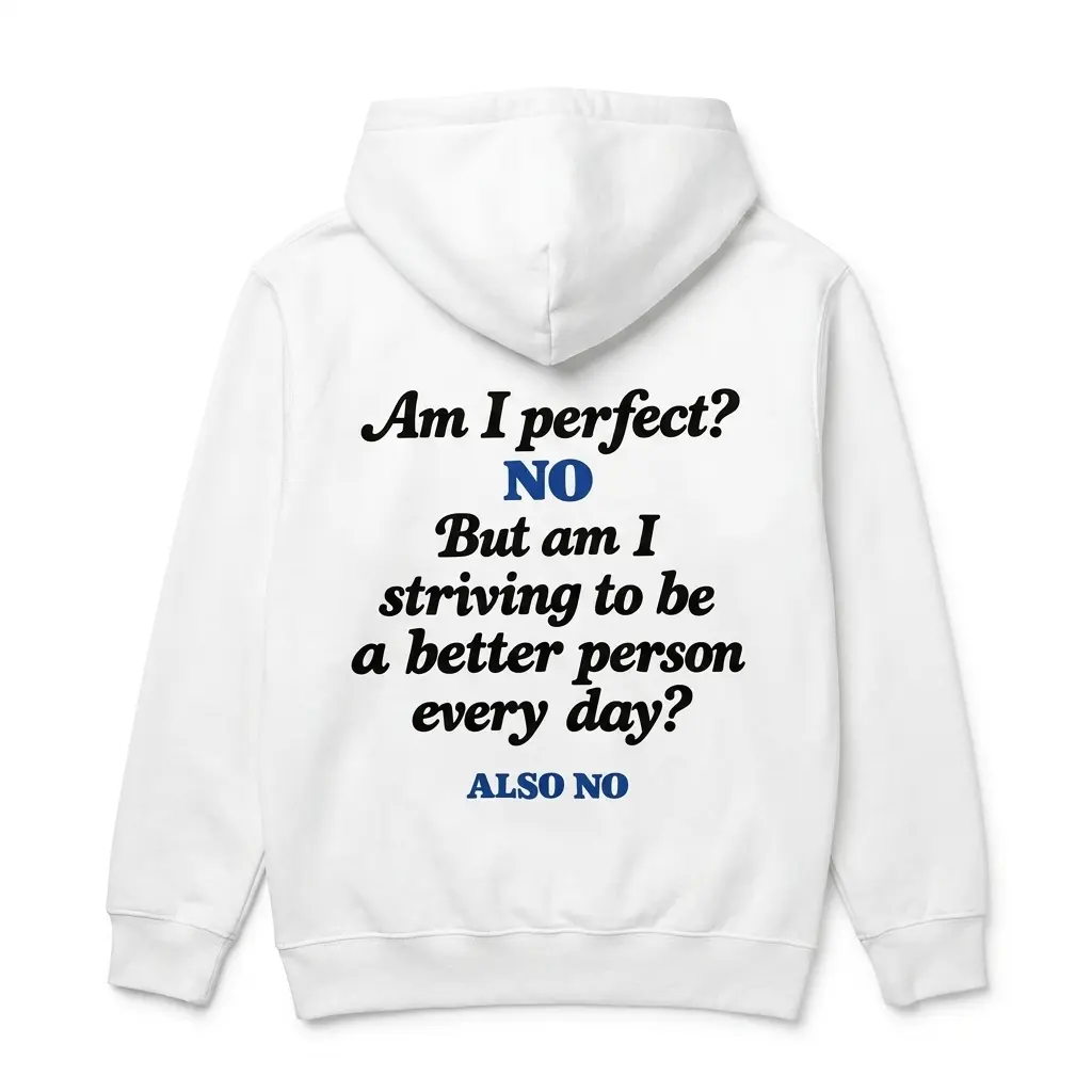 Am I Perfect No Striving To Be Better Also No T-Shirt 2 Cozy pullover hoodie displaying white tee back print reading Am I perfect NO But am I striving to be a better person every day ALSO NO