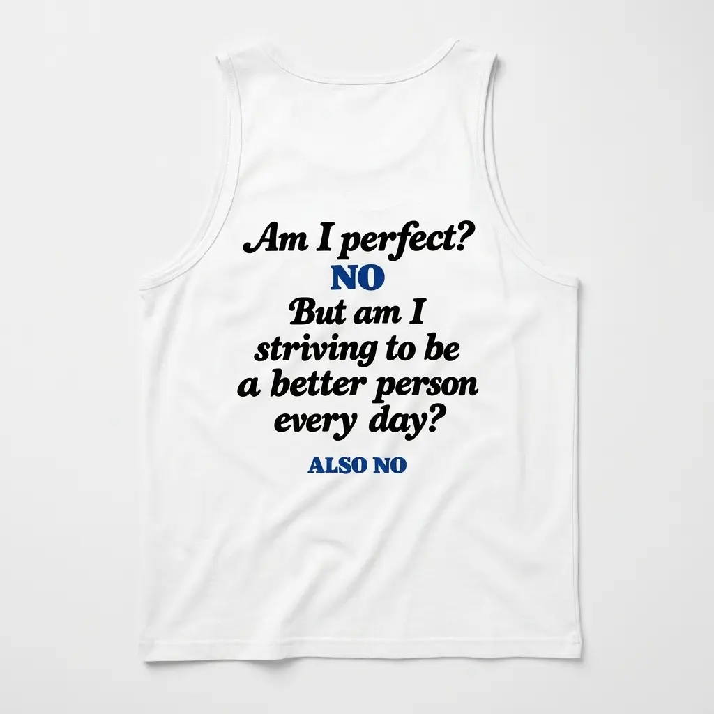 Am I Perfect No Striving To Be Better Also No T-Shirt 3 Sleeveless casual tank top with white tee back print reading Am I perfect NO But am I striving to be a better person every day ALSO NO