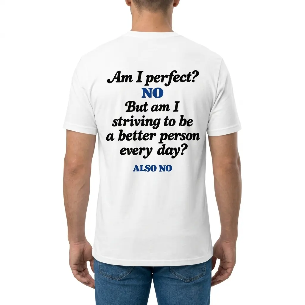 Am I Perfect No Striving To Be Better Also No T-Shirt 4 Man wearing white graphic tee with white tee back print reading Am I perfect NO But am I striving to be a better person every day ALSO NO