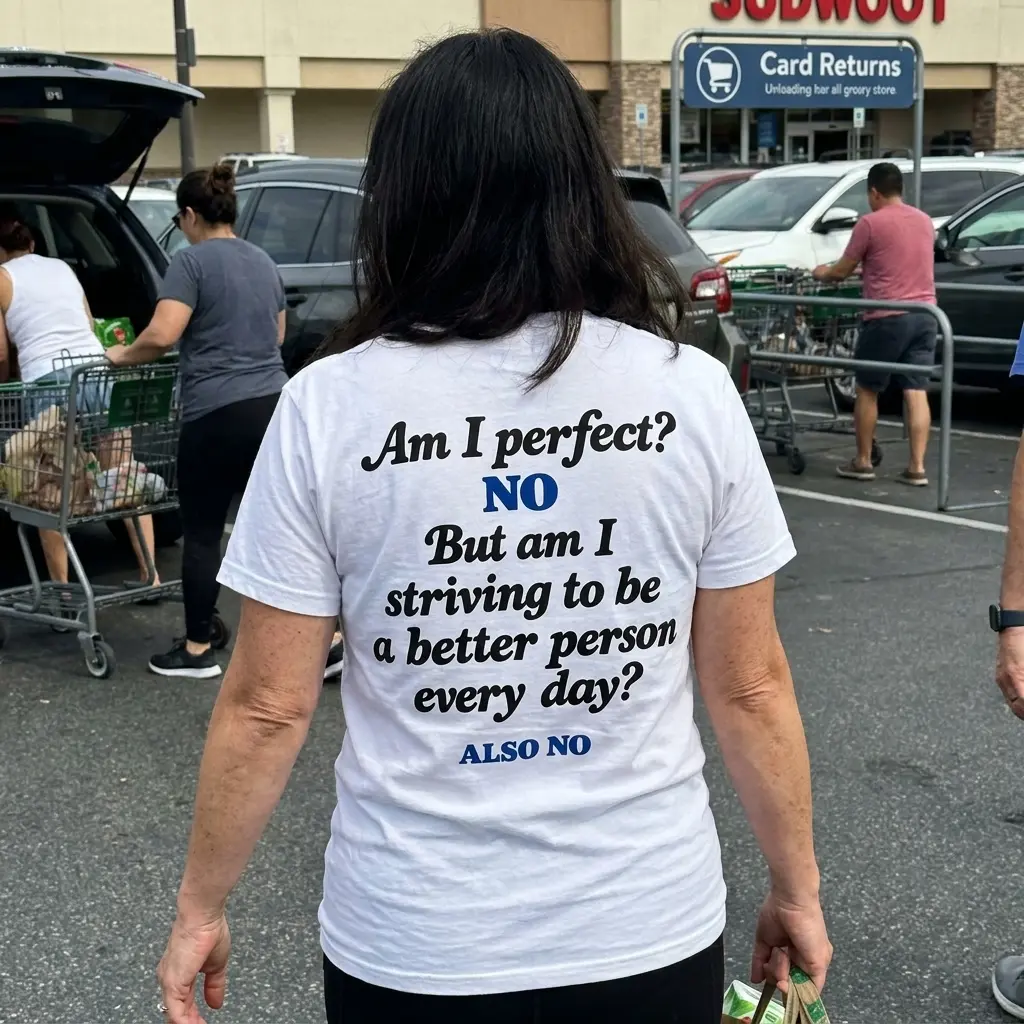 Am I Perfect No Striving To Be Better Also No T-Shirt 5 Everyday streetwear outfit styling white shirt with white tee back print reading Am I perfect NO But am I striving to be a better person every day ALSO NO