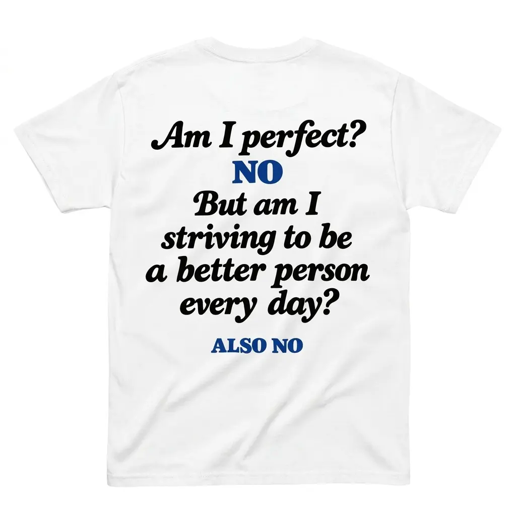 Am I Perfect No Striving To Be Better Also No T-Shirt 1 Flatlay white t-shirt featuring white tee back print reading Am I perfect NO But am I striving to be a better person every day ALSO NO