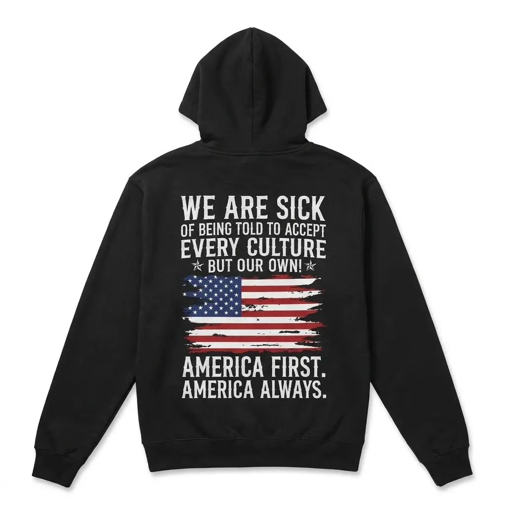 Black pullover hoodie back flatlay featuring the We Are Sick Of Being Told To Accept Every Culture But Our Own flag graphic