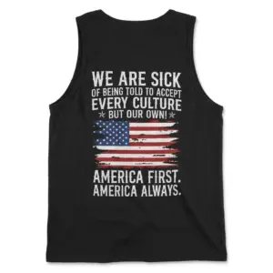 America First America Always Patriotic Flag Back Print Tee 8 Black sweatshirt back flatlay printed with the distressed American flag and America First America Always statement