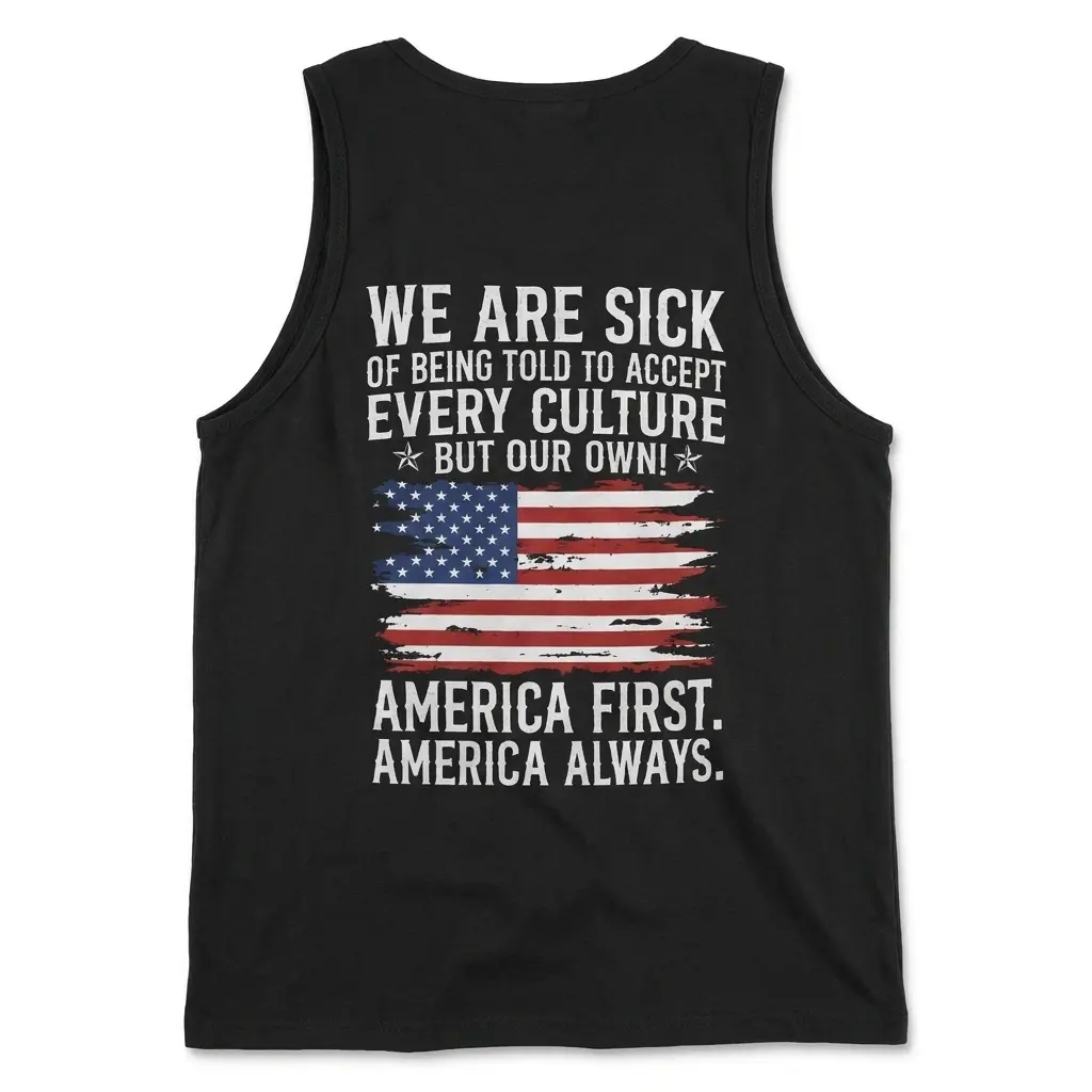 Black sweatshirt back flatlay printed with the distressed American flag and America First America Always statement