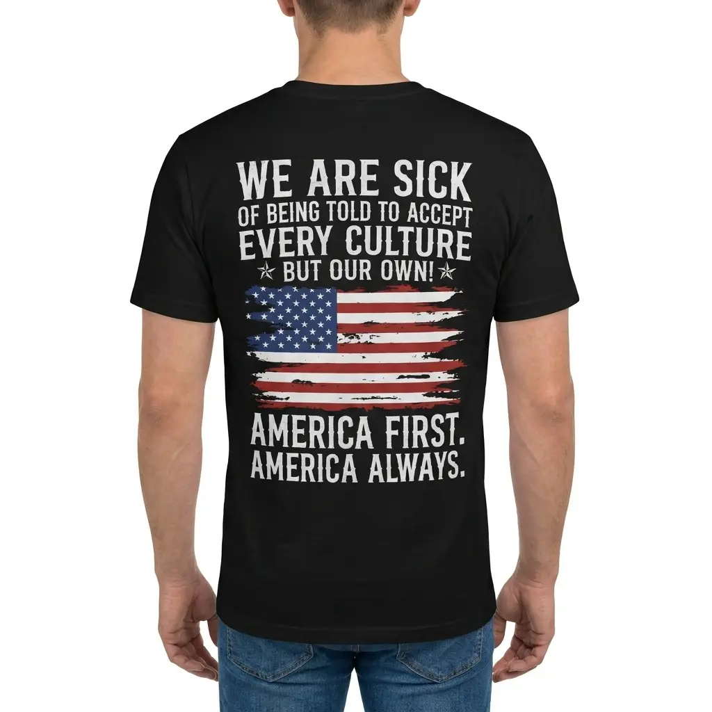 Rear view of a man wearing the black America First America Always Patriotic Flag Back Print Tee with denim jeans