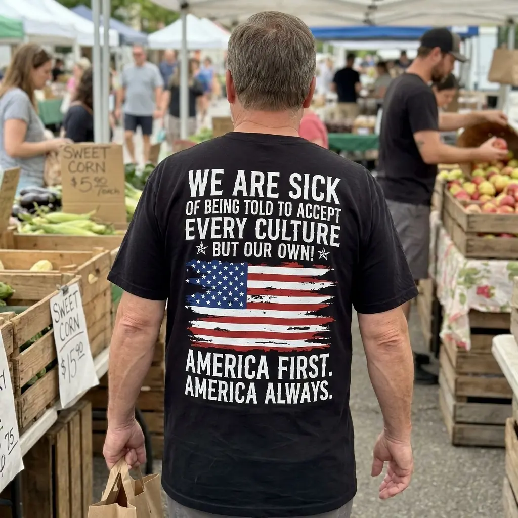 Candid outdoor rear view of a man wearing the black America First America Always Patriotic Flag Back Print Tee