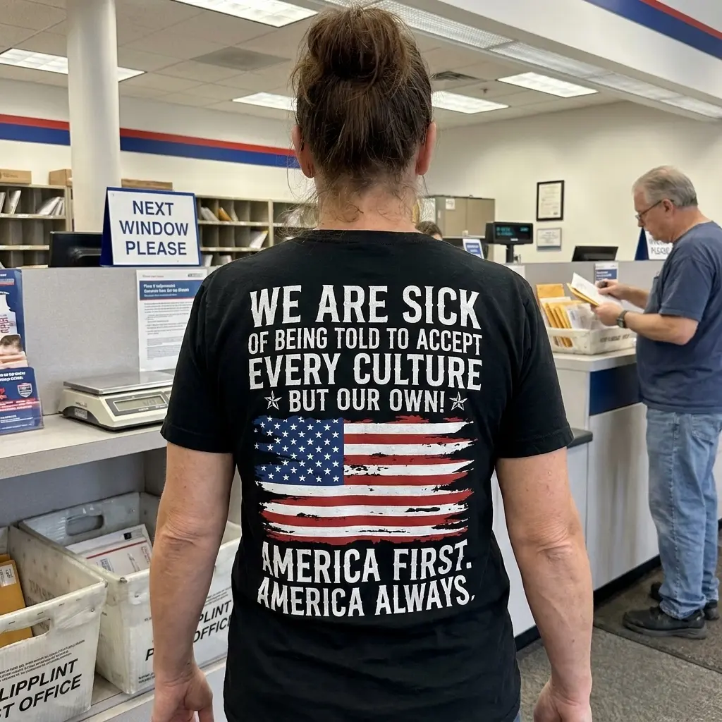 Everyday street look showing the back print of the black America First America Always US flag graphic t-shirt