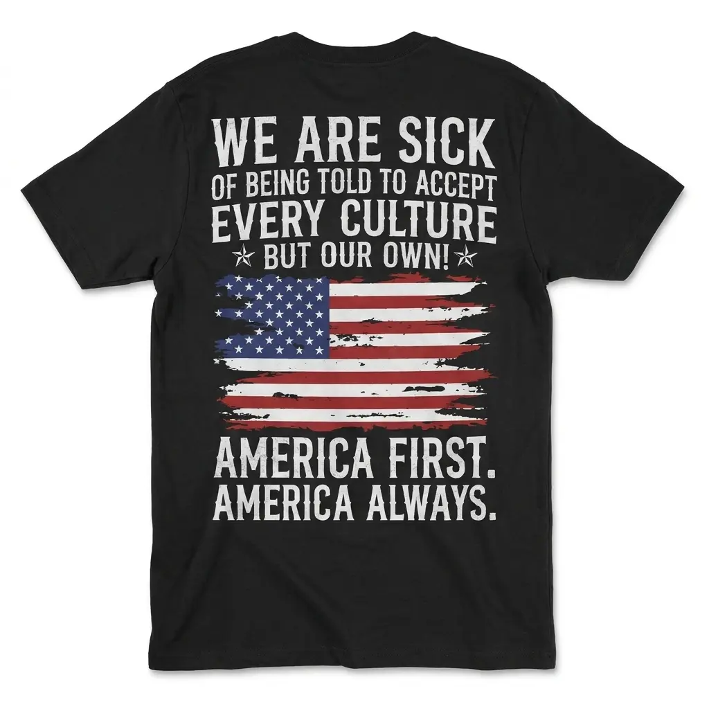 America First America Always Patriotic Flag Back Print Tee flatlay on a black t-shirt showing distressed US flag and white quote