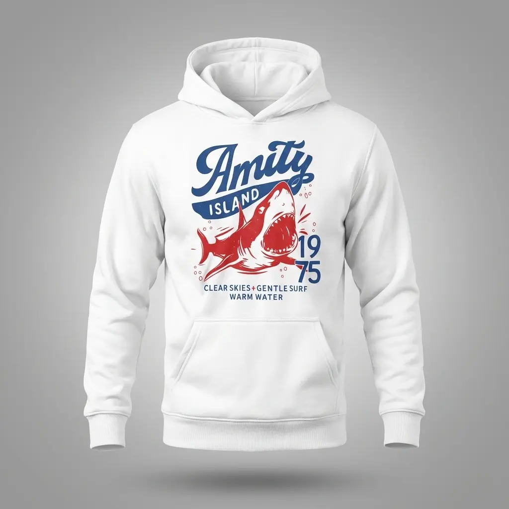 Amity Island 1975 Shark Summer Graphic T-Shirt 2 Front flat lay of a hoodie printed with the Amity Island 1975 shark graphic and vintage coastal lettering.