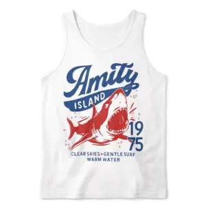 Amity Island 1975 Shark Summer Graphic T-Shirt 8 Sleeveless tank top laid flat displaying the red open-mouthed shark graphic and blue Amity Island typography.