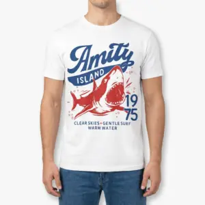 Amity Island 1975 Shark Summer Graphic T-Shirt 9 Front view of a male model wearing the Amity Island 1975 shark graphic t-shirt.