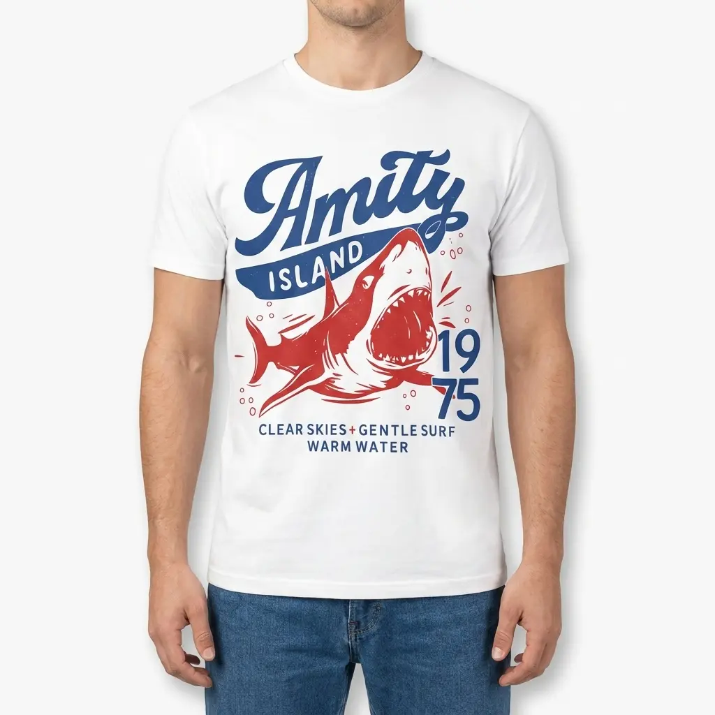 Amity Island 1975 Shark Summer Graphic T-Shirt 4 Front view of a male model wearing the Amity Island 1975 shark graphic t-shirt.