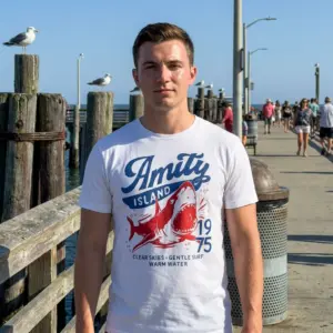 Amity Island 1975 Shark Summer Graphic T-Shirt 10 Casual lifestyle view of the Amity Island 1975 shark shirt being worn in a relaxed setting.