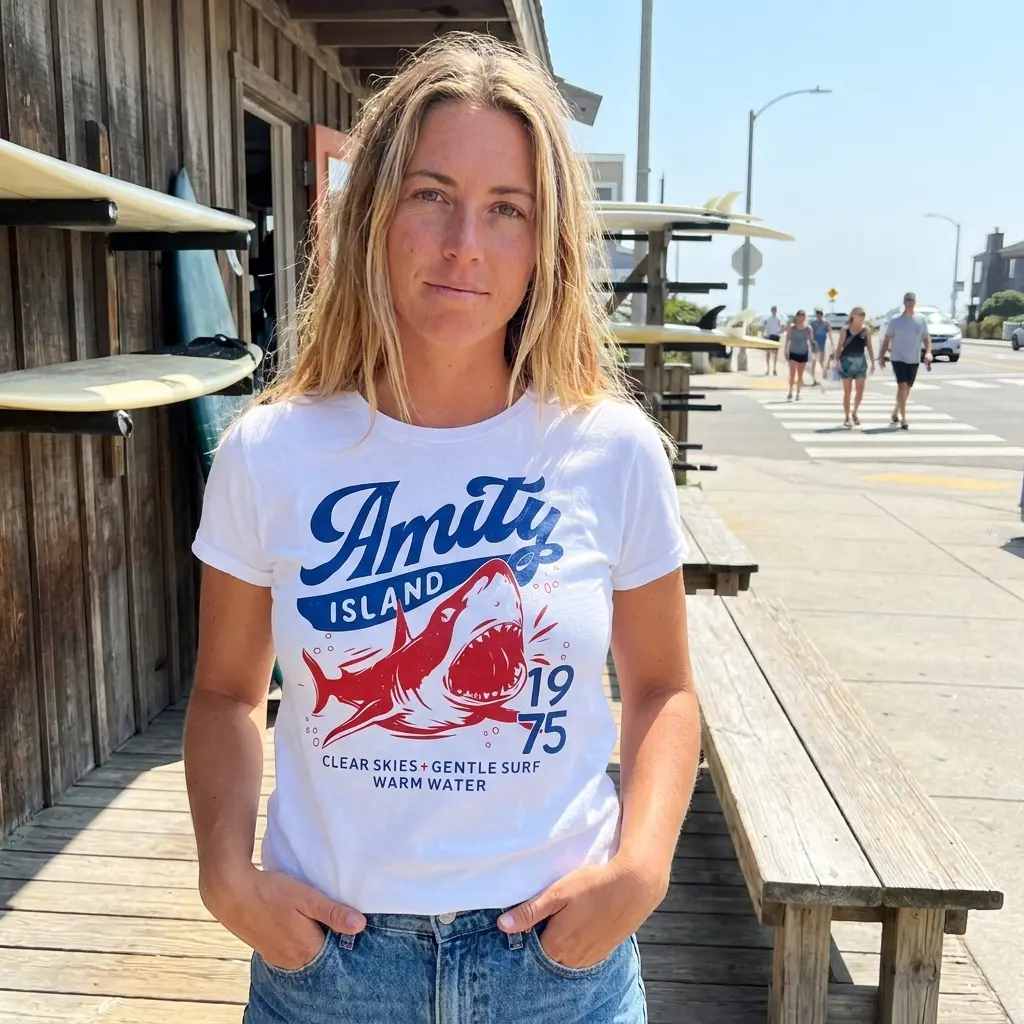 Amity Island 1975 Shark Summer Graphic T-Shirt 6 Everyday lifestyle scene showcasing the Amity Island 1975 retro shark summer graphic shirt.