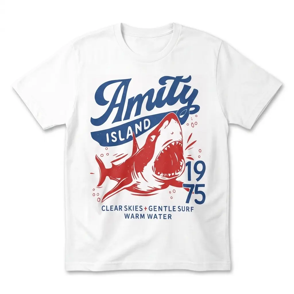 Amity Island 1975 Shark Summer Graphic T-Shirt 1 Flat lay front view of the white t-shirt featuring the retro red shark graphic with Amity Island 1975 text.
