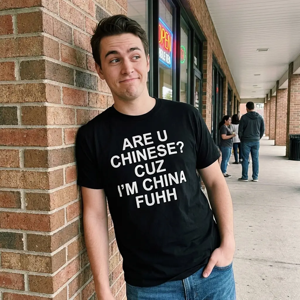 Are U Chinese Cuz I'm China Fuhh Funny Pickup Line T-Shirt 5 Everyday streetwear outfit styling black shirt with black tee front print reading ARE U CHINESE CUZ IM CHINA FUHH in bold white letters