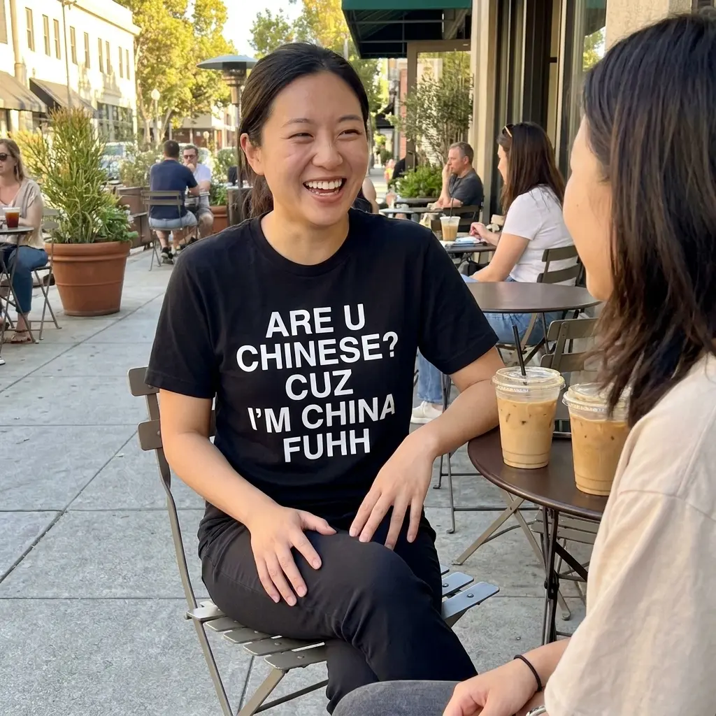 Are U Chinese Cuz I'm China Fuhh Funny Pickup Line T-Shirt 6 Close-up casual look showcasing black tee and black tee front print reading ARE U CHINESE CUZ IM CHINA FUHH in bold white letters