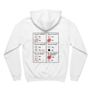 Are You Ready for the Weekend Funny Questionnaire T-Shirt 7 Cozy pullover hoodie displaying back print with a 6-box questionnaire in red marker ending with Are you ready for the weekend Yes scribbled