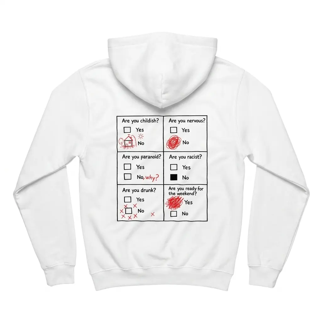 Cozy pullover hoodie displaying back print with a 6-box questionnaire in red marker ending with Are you ready for the weekend Yes scribbled