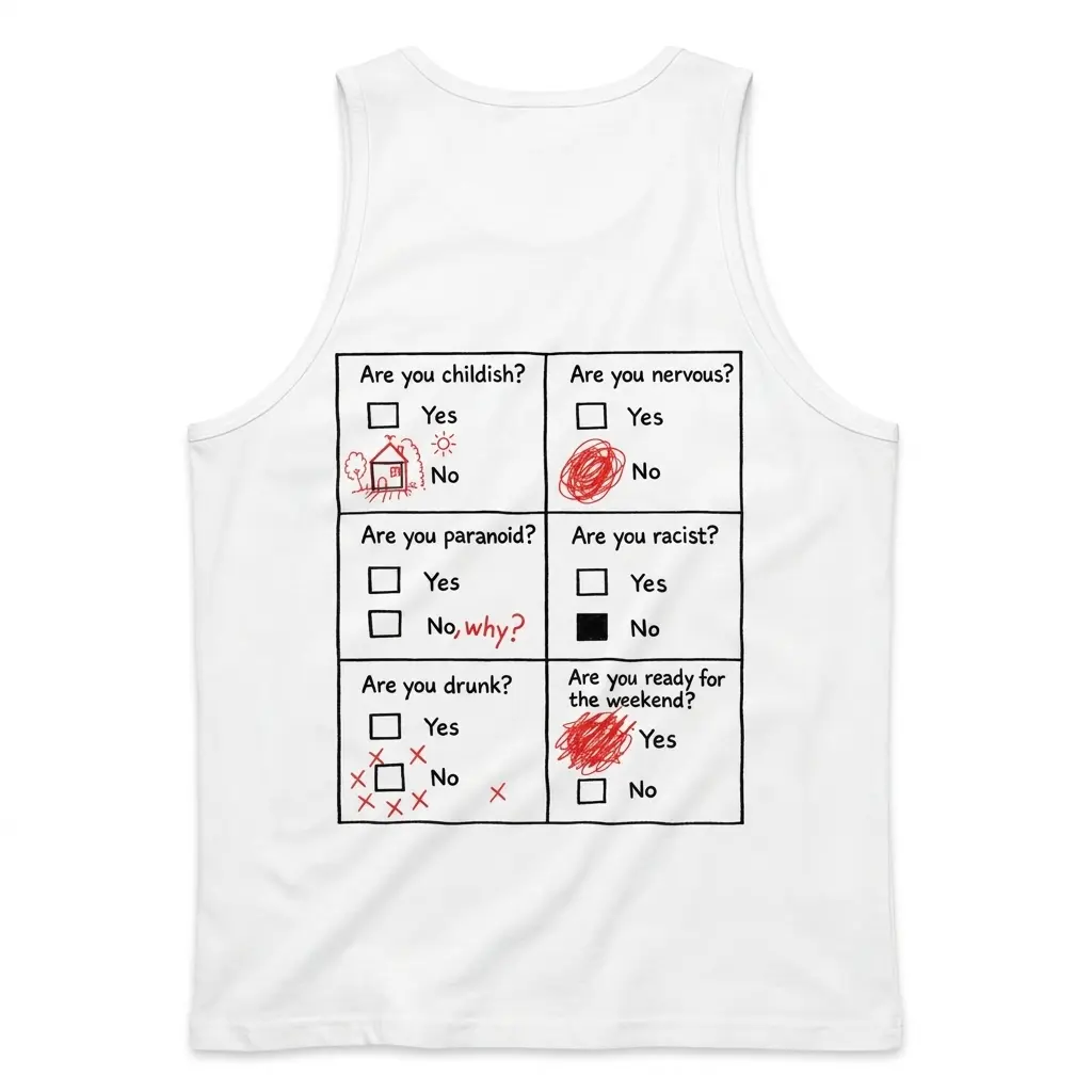 Sleeveless casual tank top with back print with a 6-box questionnaire in red marker ending with Are you ready for the weekend Yes scribbled