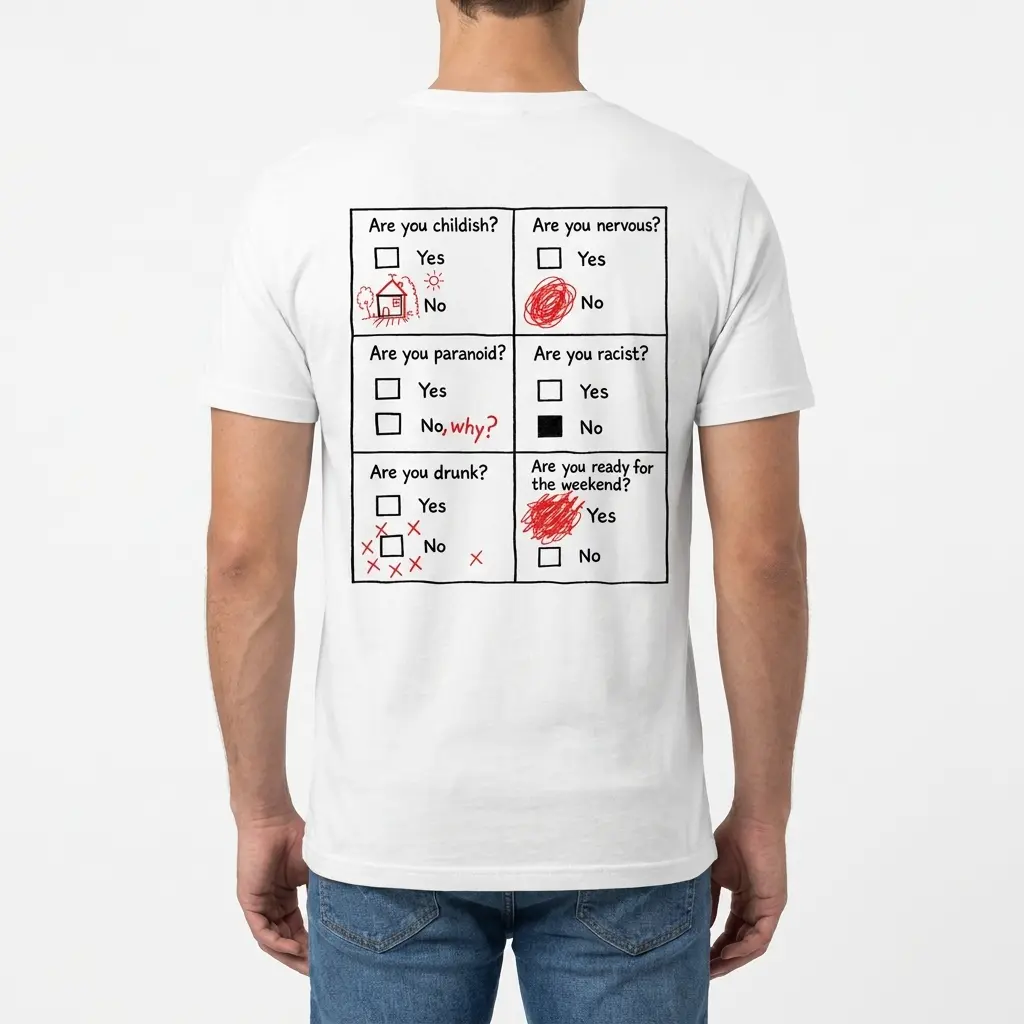 Man wearing white graphic tee with back print with a 6-box questionnaire in red marker ending with Are you ready for the weekend Yes scribbled