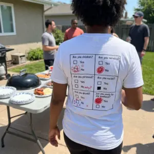 Are You Ready for the Weekend Funny Questionnaire T-Shirt 10 Everyday streetwear outfit styling white shirt with back print with a 6-box questionnaire in red marker ending with Are you ready for the weekend Yes