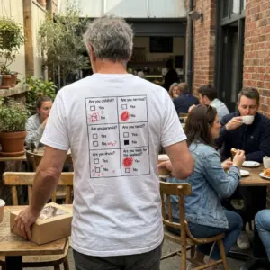 Are You Ready for the Weekend Funny Questionnaire T-Shirt 11 Close-up casual look showcasing white tee and back print with a 6-box questionnaire in red marker ending with Are you ready for the weekend Yes scribbled