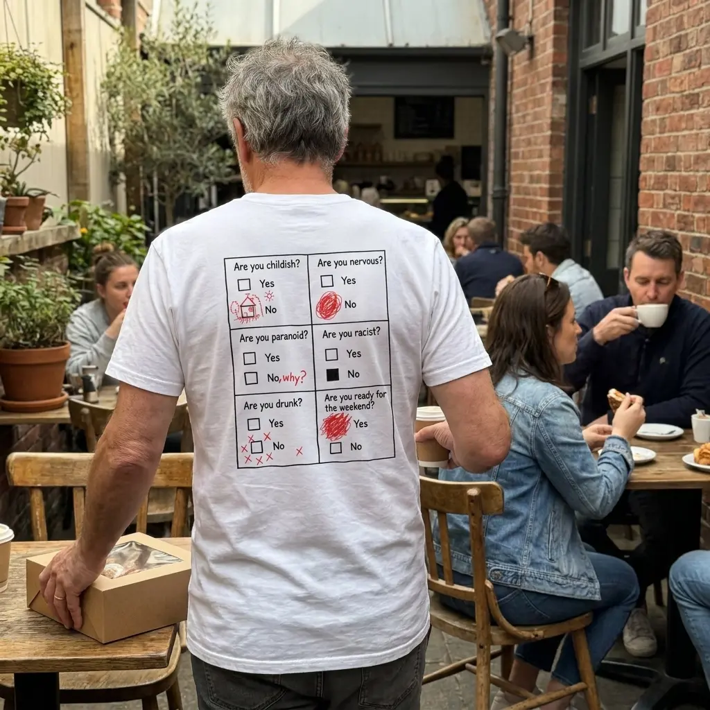 Close-up casual look showcasing white tee and back print with a 6-box questionnaire in red marker ending with Are you ready for the weekend Yes scribbled