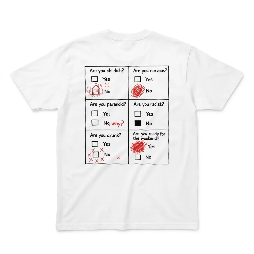 Flatlay white t-shirt featuring back print with a 6-box questionnaire in red marker ending with Are you ready for the weekend Yes scribbled