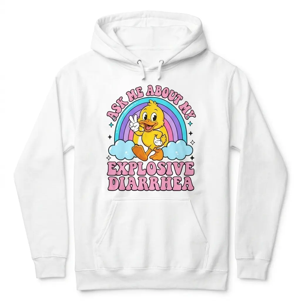 Front flat lay of a hoodie printed with the funny cartoon duck, rainbow, and Ask Me About My Explosive Diarrhea graphic.